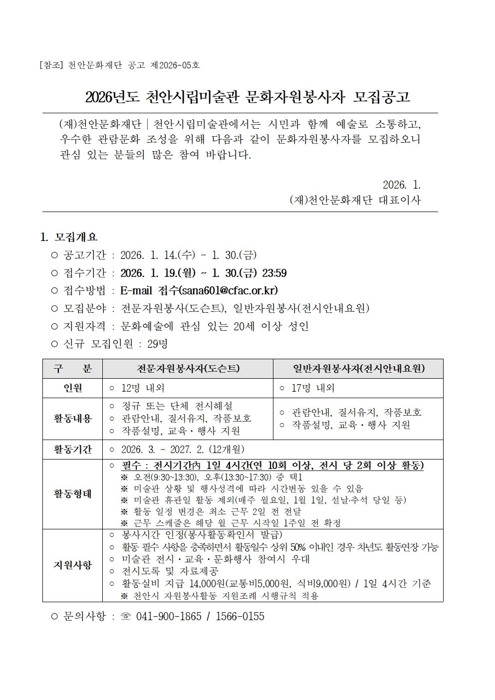 [참조] 천안문화재단 공고 제2026-05호
2026년도 천안시립미술관 문화자원봉사자 모집공고
(재)천안문화재단 | 천안시립미술관에서는 시민과 함께 예술로 소통하고, 우수한 관람문화 조성을 위해 다음과 같이 문화자원봉사자를 모집하오니 관심 있는 분들의 많은 참여 바랍니다.
2026. 1. (재)천안문화재단 대표이사
1. 모집개요
○ 공고기간 : 2026. 1. 14.(수) ~ 1. 30.(금)
○ 접수기간 : 2026. 1. 19.(월) ~ 1. 30.(금) 23:59
○ 접수방법 : E-mail 접수(sana601@cfac.or.kr)
○ 모집분야 : 전문자원봉사(도슨트), 일반자원봉사(전시안내요원)
○ 지원자격 : 문화예술에 관심 있는 20세 이상 성인
○ 신규 모집인원 : 29명
구 분	전문자원봉사자(도슨트)	일반자원봉사자(전시안내요원)
인원	○ 12명 내외		○ 17명 내외
활동내용	○ 정규 또는 단체 전시해설	○ 관람안내, 질서유지, 작품보호
	○ 관람안내, 질서유지, 작품보호	○ 작품설명, 교육·행사 지원
	○ 작품설명, 교육·행사 지원
활동기간	○ 2026. 3. ~ 2027. 2. (12개월)
활동형태	○ 필수 : 전시기간内 1일 4시간(연 10회 이상, 전시 당 2회 이상 활동)
	※ 오전(9:30~13:30), 오후(13:30~17:30) 중 택1
	※ 미술관 상황 및 행사항격에 따라 시간변동 있을 수 있음
	※ 미술관 휴관일 활동 제외(매주 월요일, 1월 1일, 설날·추석 당일 등)
	※ 활동 일정 변경은 최소 근무 2일 전 전달
	※ 근무 스케줄은 해당 월 근무 시작일 1주일 전 확정
지원사항	○ 봉사시간 인정(봉사활동확인서 발급)
	○ 활동 필수 사항을 충족하면서 활동일수 상위 50% 이내인 경우 차년도 활동연장 가능
	○ 미술관 전시·교육·문화행사 참여시 우대
	○ 전시도록 및 자료제공
	○ 활동실비 지급 14,000원(교통비5,000원, 식비9,000원) / 1일 4시간 기준
	※ 천안시 자원봉사활동 지원조례 시행규칙 적용
	○ 문의사항 : ☎ 041-900-1865 / 1566-0155